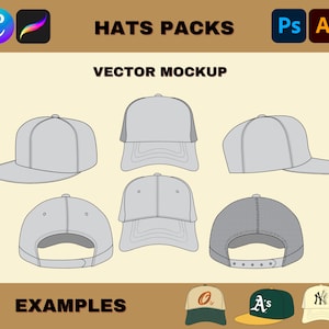 Hat Bundle Mockup Clothing Tech Pack Template, Trucker Hat Streetwear Design Vector Clothing Mockup Blueprint Sketch, Fitted Hat templatePNG