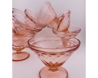 HAZEL ATLAS Diamond Optic Pink Footed Champagne/ Tall Sherbet Glasses (set of 8) 1938