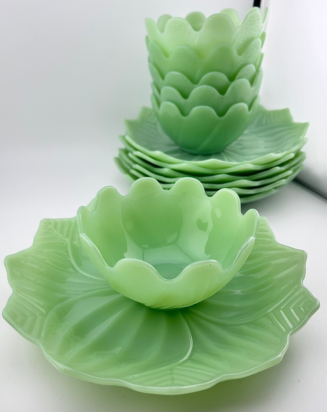 FIRE KING Jadeite Lotus Leaf and Blossom Plate and Bowl Set of 6 1940s