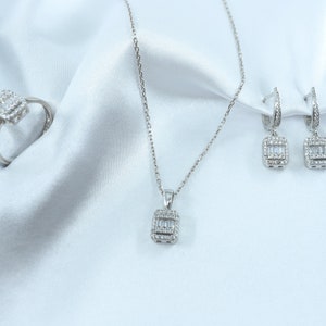 Baguette Silver Jewellery Set - Ring Necklace Earrings Trio Set  Valentine&#39;s Day Gift, Gift For Her, Mother&#39;s Gift, baguette necklace set,