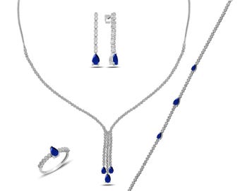 925 Sterling Zilveren Saffierblauwe Bruidssieradenset, Peergeslepen Blauwe Zirkonia Waterdruppel Ketting, Armband, Oorbellen en Ring Set, Cadeau voor haar