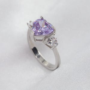 Purple Heart Gemstone Ring, Heart Silver Ring, Triple Stone Trilogy Designer Wedding Ring, Heart Shaped Three Stone Silver Ring, Purple Ring
