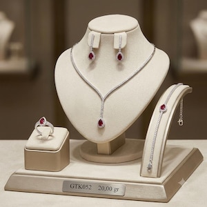 Elegant Red Teardrop Jewelry Set, 925 Silver Zircon Necklace, Double Band Ring, Bracelet and Earrings, Special Occasion Gift for Her,GTK052K