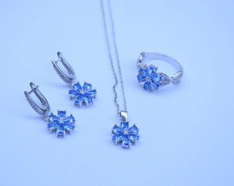 Eda Yildiz Necklace Set Blue Lotus Flowers Silver Women Jewellery Ring Necklace Earrings Sterling Silver Minimalist Jewelry Mothers Day Gift