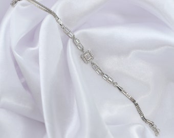 Bracciale baguette in argento, bracciale da donna in argento sterling, regalo di San Valentino, regalo di anniversario, regalo della madre, braccialetto delicato, braccialetti