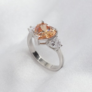 Heart Cut Orange Quartz Engagement Ring, 925K Silver Engagement Ring, Yellow Citrine Ring, Yellow Gemstone Ring, November Birthstone Ring