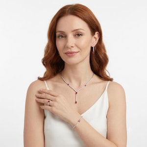 925 Sterling Silver Red Drop Necklace Set, Elegant V-Neck Tennis Chain Jewelry, Rhodium Plated Ruby Color Bridal Wedding Gift for Her,GTK037