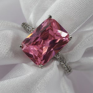 Radiant Ring, Sterling Silver Ring, Radiant Cut Pink Sapphire Ring, Silver Engagement Ring, Art Deco Ring, Emerald Cut Ring, CZ Ring