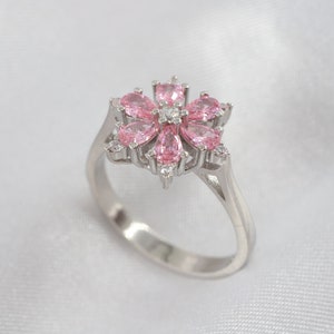 Pink Flowers Ring, Lotus Flower Ring, Pink Sapphire Ring, Sterling Silver Ring, Birthstone Ring, CZ Ring, Art Deco Ring, Mother&#39;s Day Gift