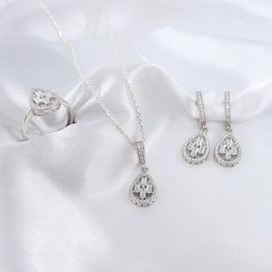 Drop Baguette Silver Jewelry Set - Ring Necklace Earrings 925Silver Jewellery Set Drop Cutting Stone  Valentine&#39;s Day Gift, Anniversary Gift