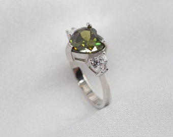 Heart Cut Peridot Sterling Silver Ring, August Birthstone Anniversary Ring
