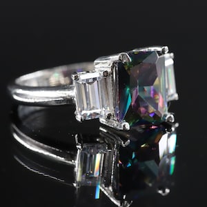 Mystic topaz ring, rainbow mystic topaz ring, emerald cut, silver rings, silver engagement ring, three stone emerald cut silver ring