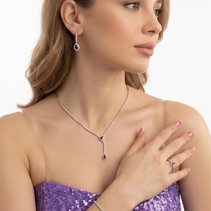 Sterling Silver Ruby Red Zircon Waterdrop Jewelry Set, Necklace Bracelet Ring Earrings, GTK043K