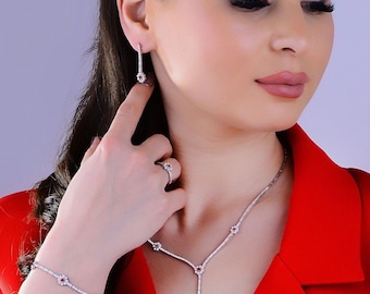 Ruby Red Flower Bridal Jewelry Set, 925 Sterling Silver, Sparkling White Zircon Floral Necklace Bracelet Earrings Ring Set, GTK044K