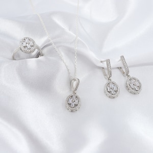 Baguette Jewelry Set Baguette Silver Jewellery Set - Sterling Silver Ring Necklace Earrings Trio Set Valentine&#39;s Day Gift, Anniversary Gift