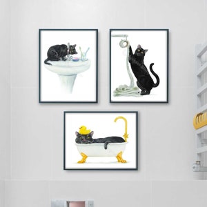 Bathroom Black Cat Print Set of 3, Printable Cat Decor, Cat Art, Funny Cat Art, Cat Lover Gift, Bathroom Decor, Watercolor Painting Print