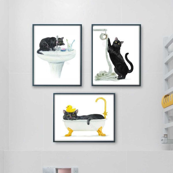 Bathroom Black Cat Print Set of 3, Cat Decor, Cat Art, Funny Cat Art, Cat Lover Gift, Bathroom Decor, Watercolor Painting Print