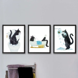 Bathroom Tuxedo Cat Print Set of 3, Printable Cat Decor, Cat Art, Funny Cat Art, Cat Lover Gift, Bathroom Decor, Watercolor Painting Print