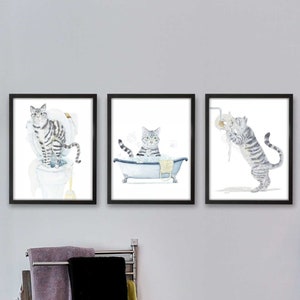 Bathroom Tabby Cat Print Set of 3, Printable Cat Decor, Cat Art, Funny Cat Art, Cat Lover Gift, Bathroom Decor, Watercolor Painting Print