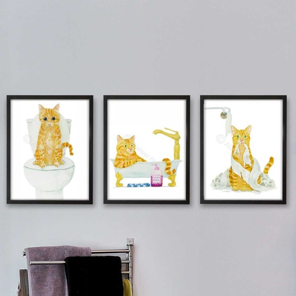 Bathroom Orange Cat Print Set of 3, Cat Decor, Cat Art, Funny Cat Art, Cat Lover Gift, Bathroom Decor, Watercolor Painting Print