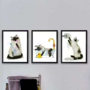 Bathroom Siamese Cat Print, Cat Decor, Cat Art, Funny Cat Art, Cat Lover Gift, Bathroom Decor, Watercolor Painting Print, Set of 3