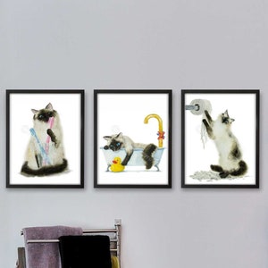 Bathroom Siamese Cat Print, Printable Cat Decor, Cat Art, Funny Cat Art, Cat Lover Gift, Bathroom Decor, Watercolor Painting Print, Set of 3