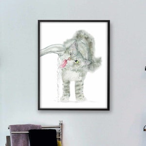 Bathroom Gray Tabby Cat Printable Art Print, Cat Decor, Watercolor Cat, Funny Cat Art, Cat Lover Gift, Watercolor Painting