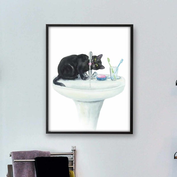 Bathroom Black Cat Art Print, Cat Decor, Watercolor Cat, Funny Cat Art, Cat Lover Gift, Watercolor Painting, Cat Wall Decor, Toilet Art