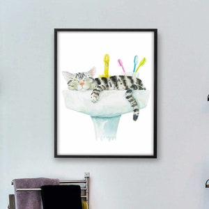 Bathroom Gray Tabby Cat Printable Art Print, Cat Decor, Watercolor Cat, Funny Cat Art, Cat Lover Gift, Watercolor Painting, Cat Wall Decor