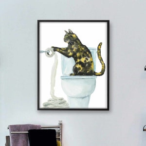 べっ甲猫とトイレットペーパーのプリントアート、バスルームの装飾、水彩猫、面白い猫、猫好きへのギフト、水彩画