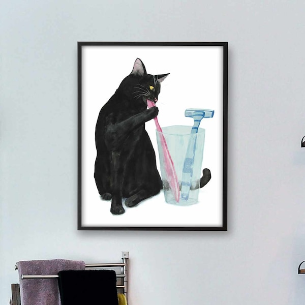 Bathroom Black Cat Art Print, Cat Decor, Watercolor Cat, Funny Cat Art, Cat Lover Gift, Watercolor Painting, Cat Wall Decor, Toilet Art