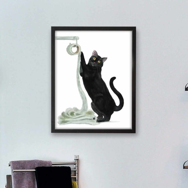 Black Cat and Toilet Paper, Bathroom Art Print, Cat Decor, Watercolor Cat, Funny Cat Art, Cat Lover Gift, Watercolor Painting, Toilet Art