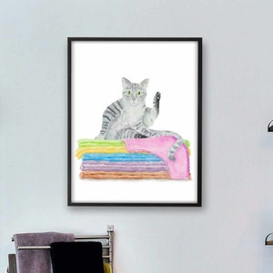 Bathroom Gray Tabby Cat Printable Art Print, Cat Decor, Watercolor Cat, Funny Cat Art, Cat Lover Gift, Watercolor Painting, Cat Wall Decor