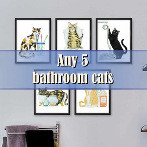 Any 5 Bathroom Cat Prints , Cat Decor, Cat Art, Funny Cat Art, Cat Lover Gift, Bathroom Decor, Watercolor Painting Print, Set of 5