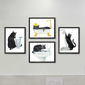 Bathroom Black Cat Print Set of 4, Cat Decor, Cat Art, Funny Cat Art, Cat Lover Gift, Bathroom Decor, Watercolor Painting Print With 2 Horizontal
