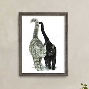 Black and Tabby Cat Print, Printable Cat Decor, Cat Art, Funny Cat Art, Cat Lover Gift, Watercolor Painting, Cat Wall Decor, Cat Lady