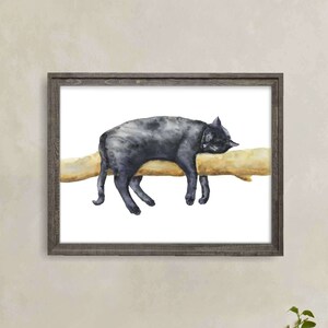 Napping Black Cat Print, Printable Cat Decor, Cat Art, Funny Cat Art, Cat Lover Gift, Watercolor Painting Print, Cat Wall Decor