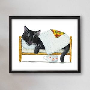 Napping Black Cat Art Print, Cat Decor, Printable Wall Art, Funny Cat Art, Cat Lover Gift, Watercolor Painting Print, Cat Wall Decor