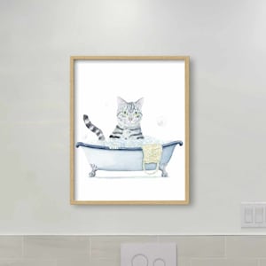 Bathroom Gray Tabby Cat Printable Art Print, Cat Decor, Watercolor Cat, Funny Cat Art, Cat Lover Gift, Watercolor Painting, Cat Wall Decor