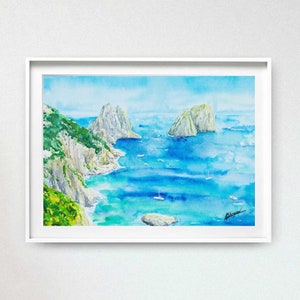 Capri Rocks Italy Landscape Print, Watercolor Painting, Wall Decor, Landscape Art, Art Lover Gift, Living Room Wall Art, Italy Art Print