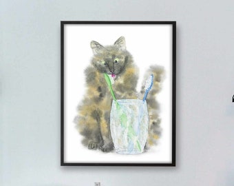 Fluffy Tortoiseshell Cat and Toothbrush Art Print, Bathroom Cat Decor, Watercolor Cat, Funny Cat Art, Cat Lover Gift, Watercolor Painting