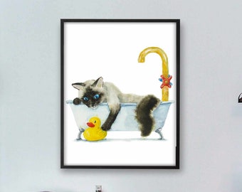 Bathroom Siamese Cat Art Print, Cat Decor, Watercolor Cat, Funny Cat Art, Cat Lover Gift, Watercolor Painting, Cat Wall Decor, Ragdoll Cat