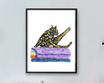 Tortoiseshell Cat on Towels Art Print, Bathroom  Decor, Watercolor Cat, Funny Cat Art, Cat Lover Gift, Watercolor Painting, Tortie Cat