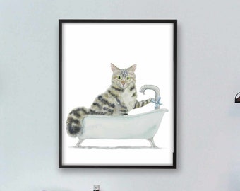 Bathroom Tabby Cat Art Print, Cat Decor, Watercolor Cat, Funny Cat Art, Cat Lover Gift, Watercolor Painting, Cat Wall Decor