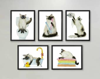 Bathroom Siamese Cat Print Set of 5, Cat Decor, Cat Art, Funny Cat Art, Cat Lover Gift, Bathroom Decor, Watercolor Painting Print