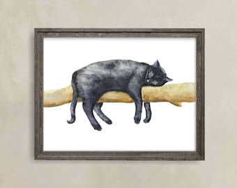 Napping Black Cat Print, Printable Cat Decor, Cat Art, Funny Cat Art, Cat Lover Gift, Watercolor Painting Print, Cat Wall Decor