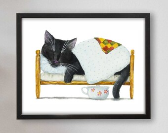 Napping Black Cat Art Print, Cat Decor, Printable Wall Art, Funny Cat Art, Cat Lover Gift, Watercolor Painting Print, Cat Wall Decor