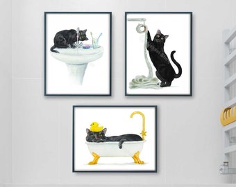 Bathroom Black Cat Print Set of 3, Cat Decor, Cat Art, Funny Cat Art, Cat Lover Gift, Bathroom Decor, Watercolor Painting Print