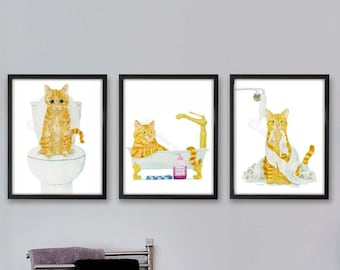 Bathroom Orange Cat Print Set of 3, Printable Cat Decor, Cat Art, Funny Cat Art, Cat Lover Gift, Bathroom Decor, Watercolor Painting Print