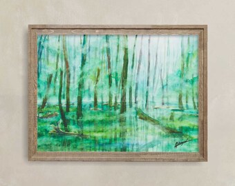 Impresión de arte del paisaje del bosque brumoso, pintura de acuarela, decoración de la pared, arte del paisaje, regalo del amante del arte, arte de la pared de la sala de estar, impresión del arte de la acuarela